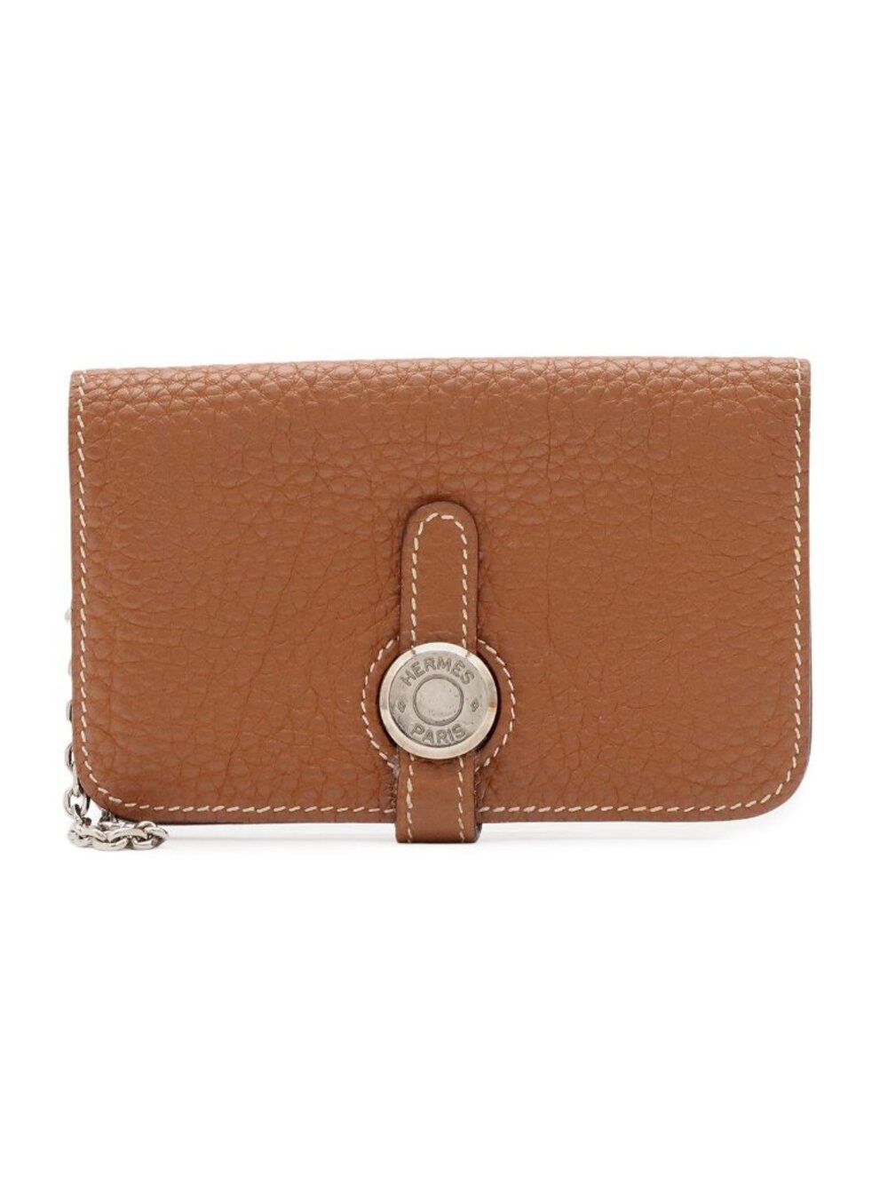 Hermes Dogon Key Case Coin Purse Card Togo Leather Gold Brown Silver with Chain